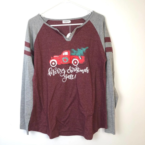 Locryz Tops - Locryz Long Sleeve Raglan Merry Christmas Y'all T-Shirt Maroon Gray Medium